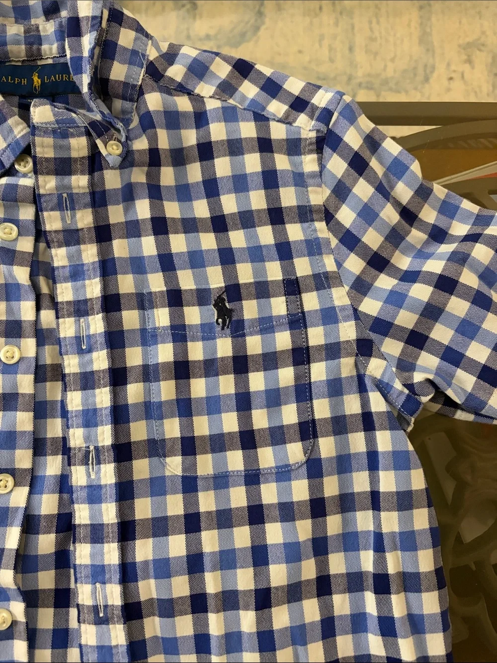 Ralph Lauren Blue & White Gingham Short Sleeve Button-Down Shirt